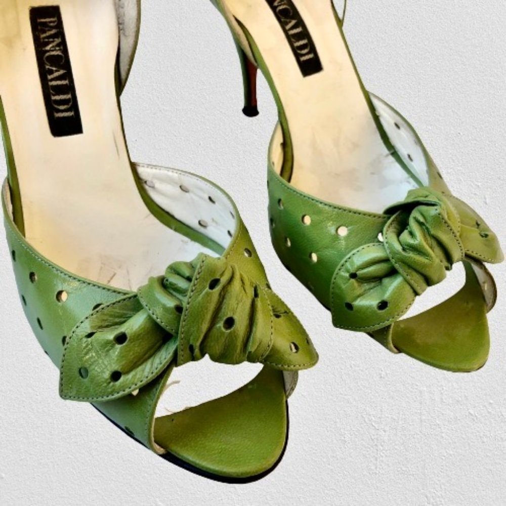 Pancaldi Vintage 90's Italy Green Leather D'Orsay Peep Toe Perforated Pump 8 - Picture 7 of 13